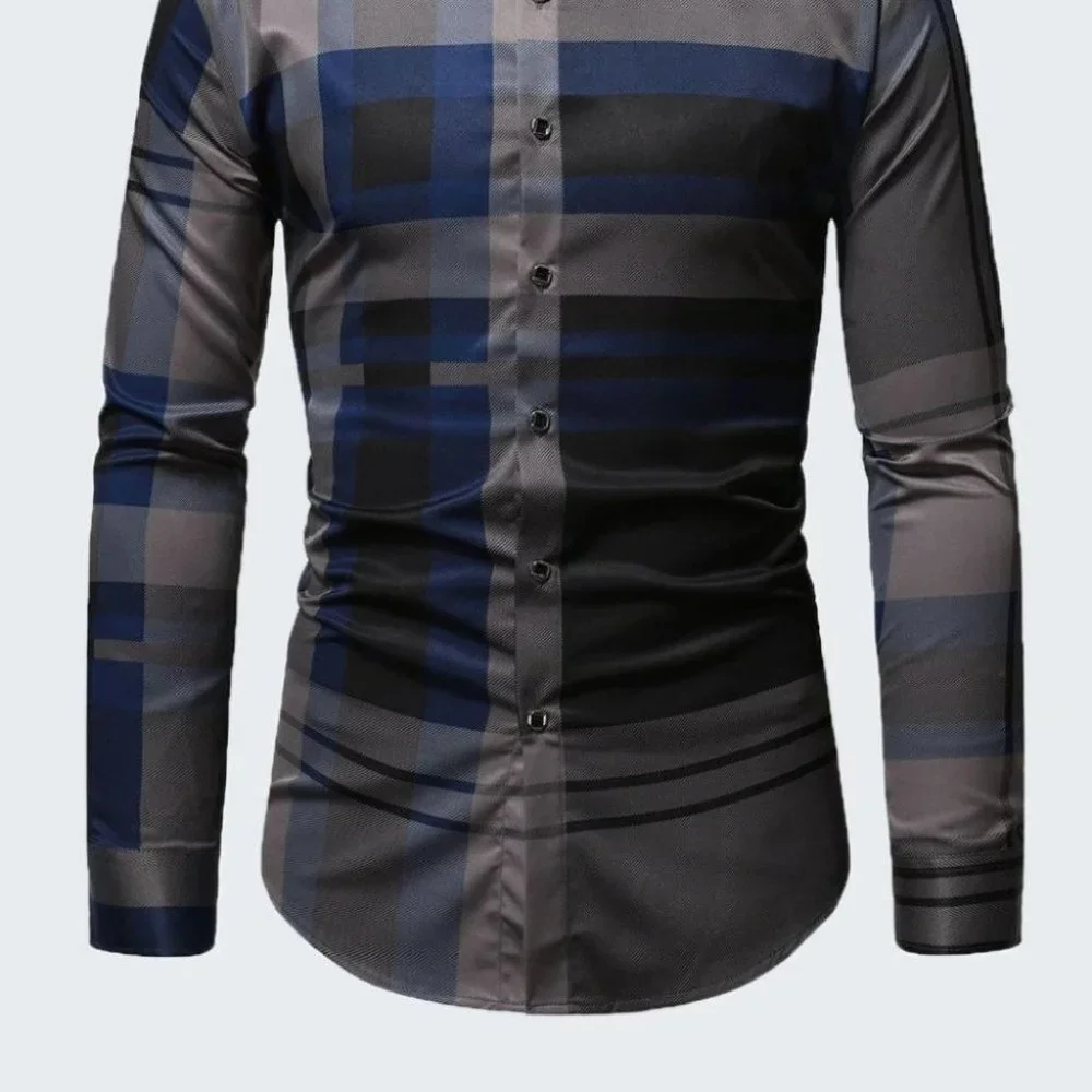 Business Casual Blue Men's Plaid Print Shirt - Picture 3 of 9